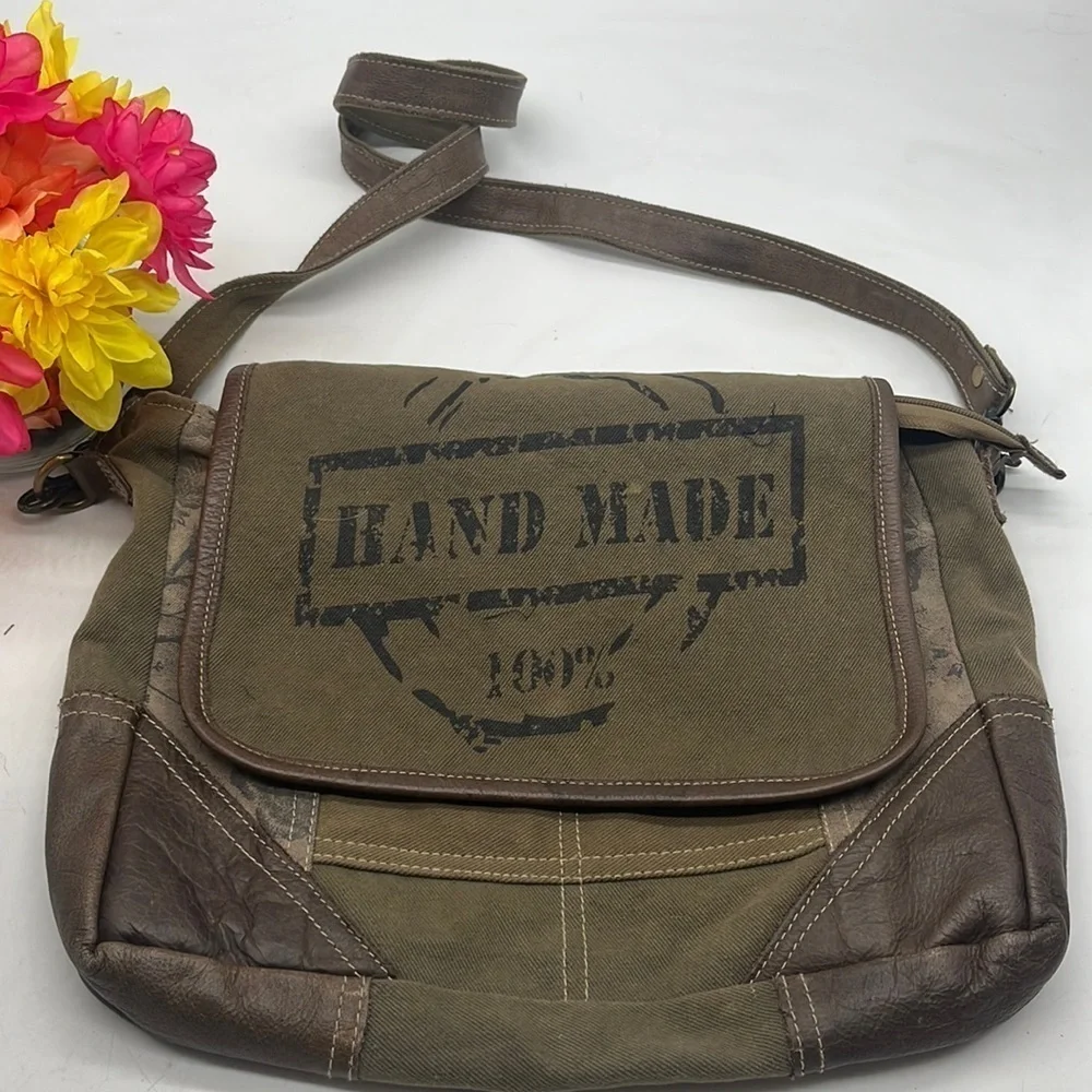 Myra 100% Handmade Messenger Type Upcycled Bag Canvas and Leather MCB4685M